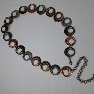Boho Multi Tone Metal Hoop Chain Belt w/ Silver, Copper, Brass Tone Double Hoops